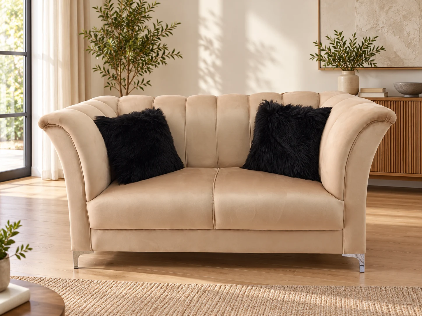 Cream curved-arm loveseat with channelled back