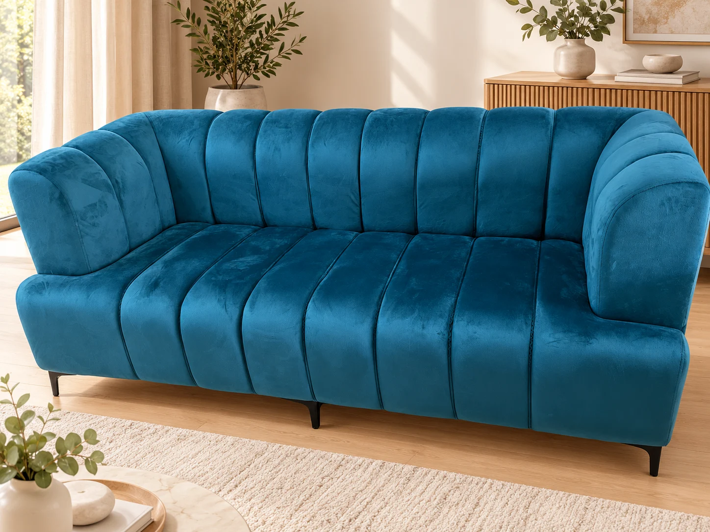 Teal channel sofa with rounded upholstered arms